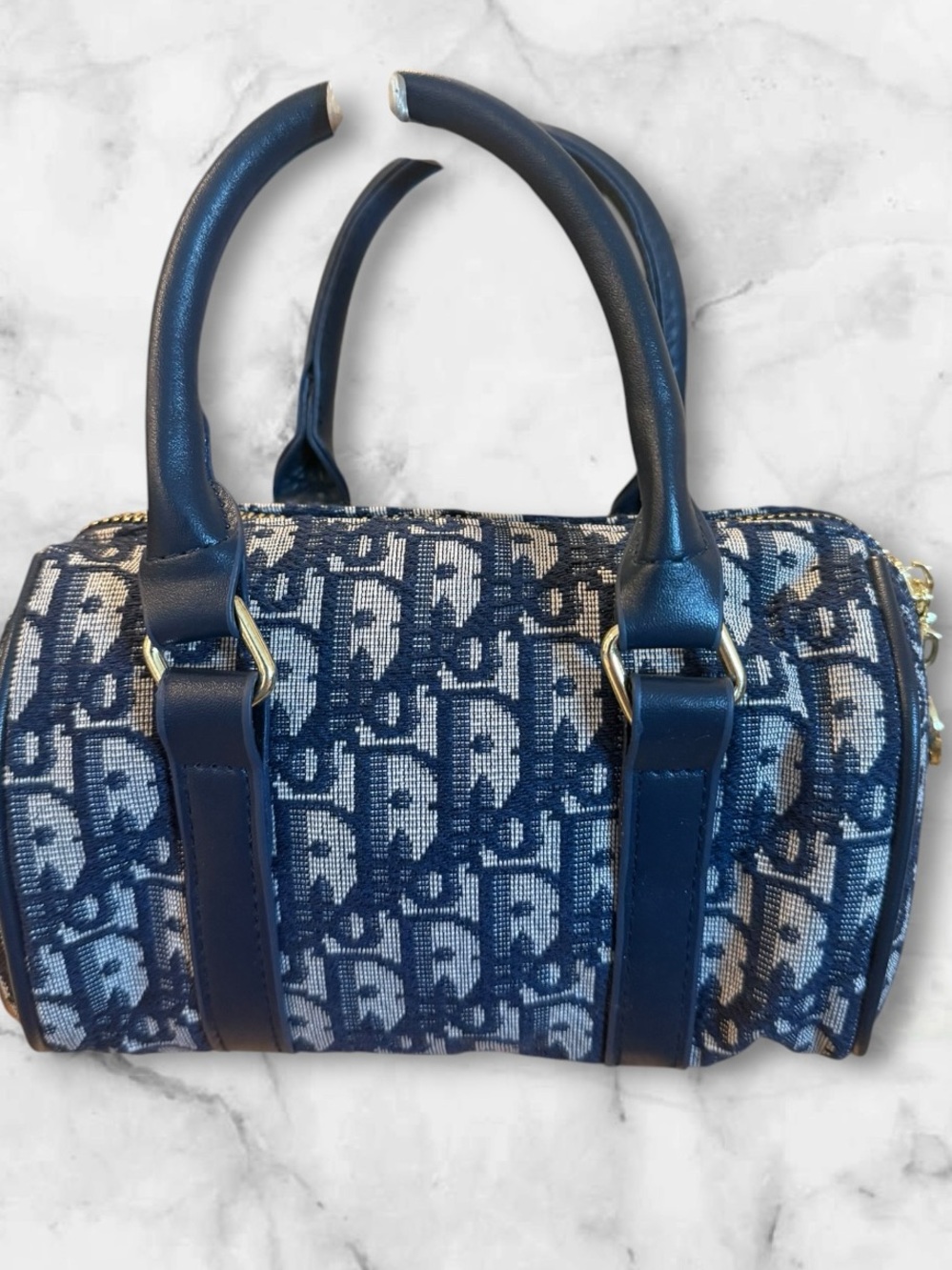 NWOT Source Unknown Navy and Gray Monogram Mini Barrel Bag